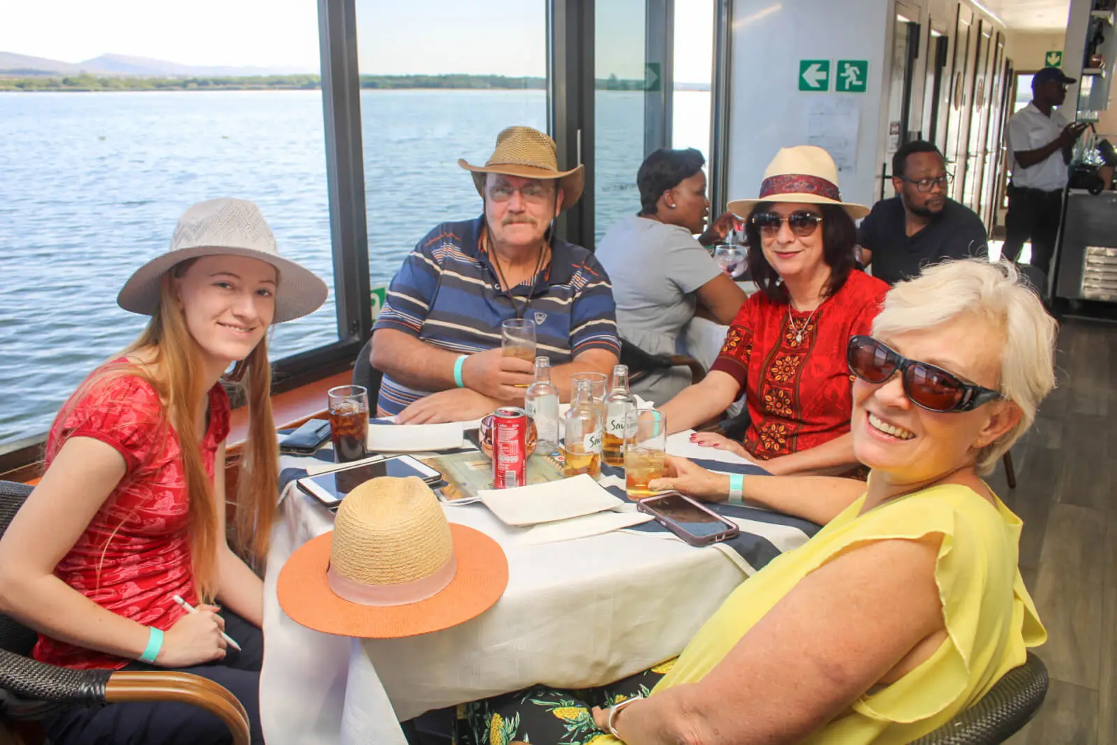 A group lunch on one of the boats
