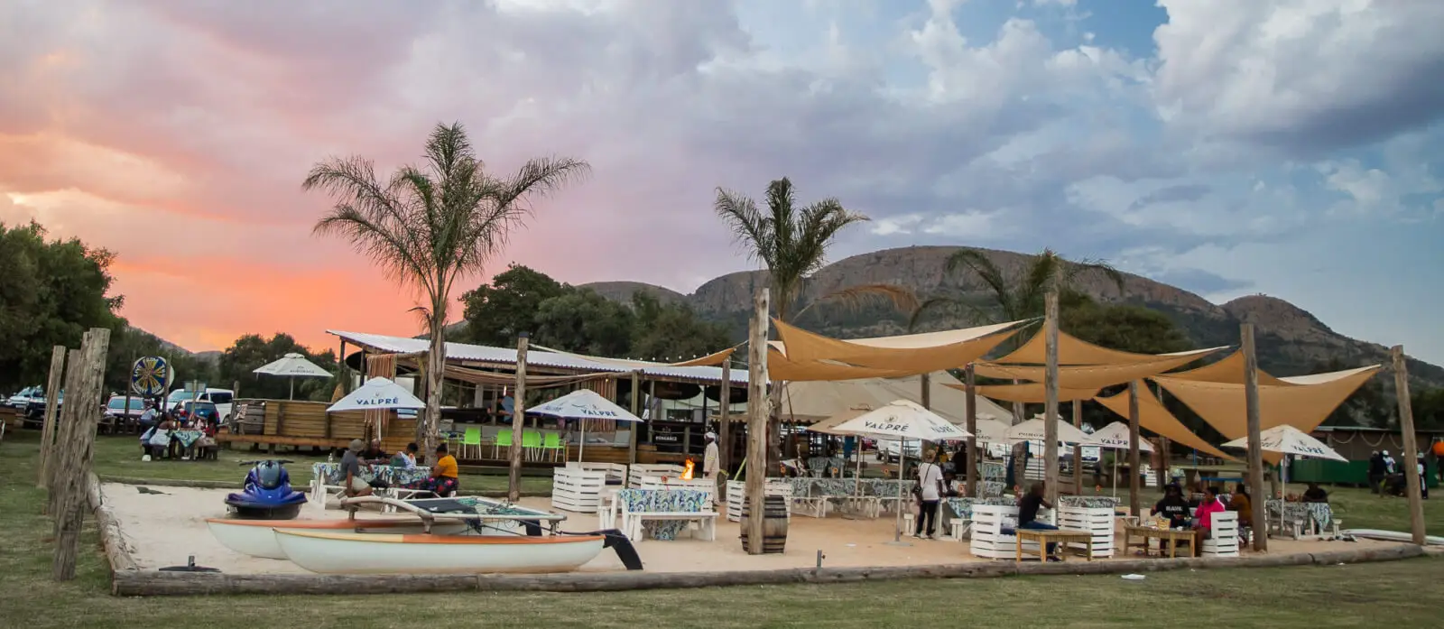 Zanzibar Beach Café under its shade sails at sunset