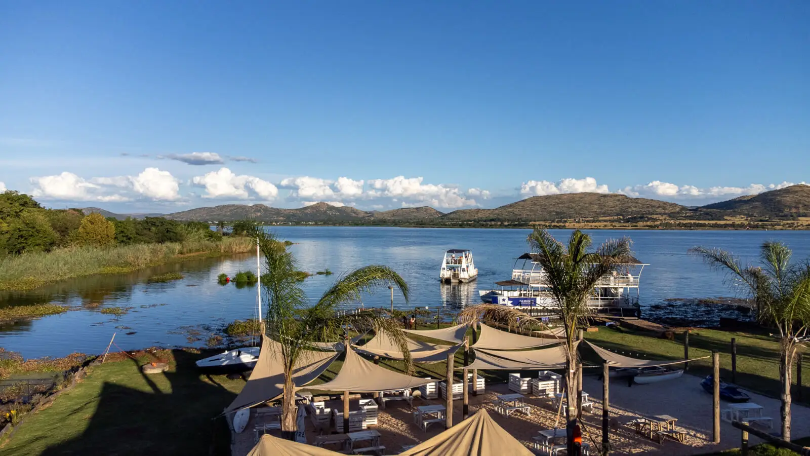 Palms on the harbour beach, the dam and the Magaliesberg beyond